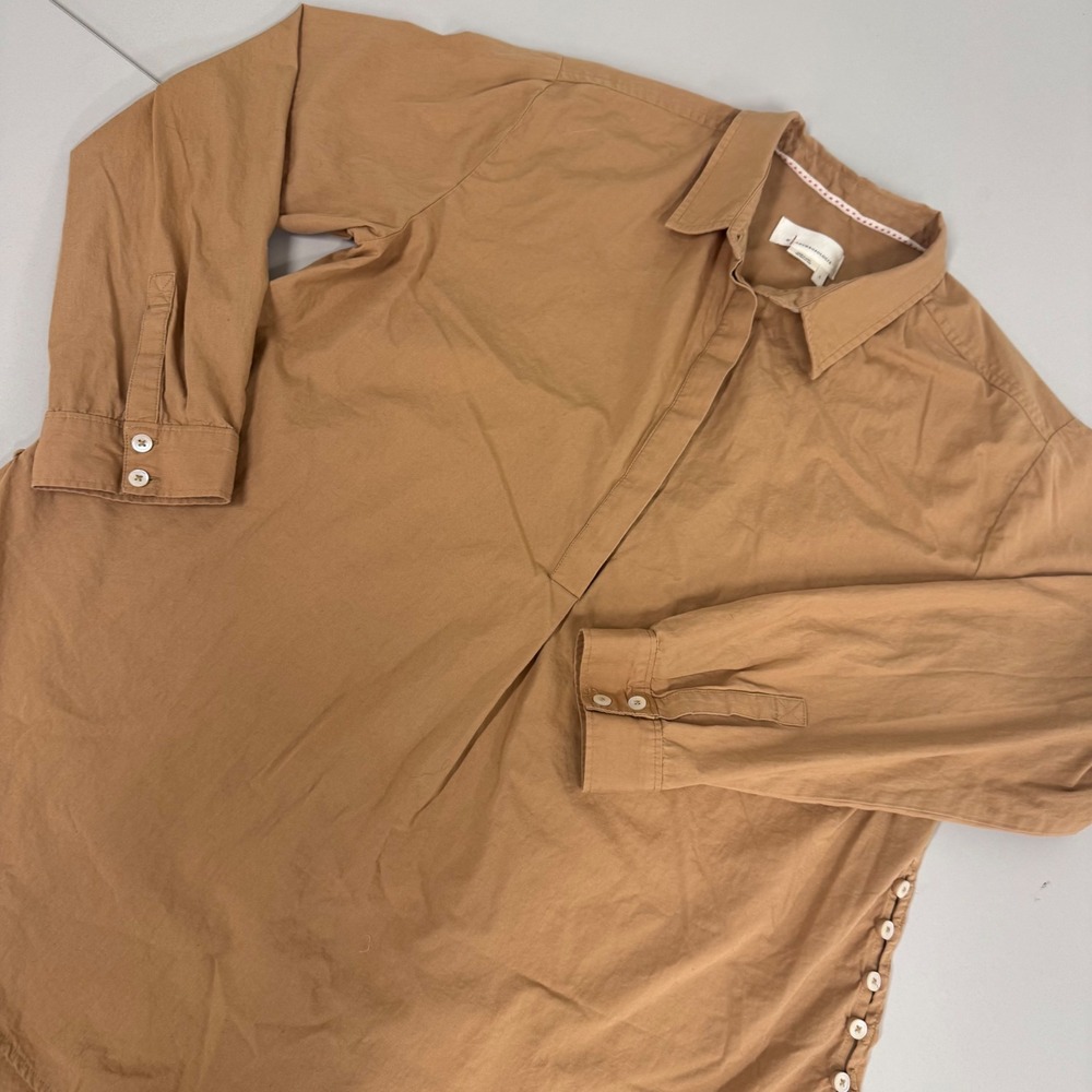 Anthropologie Tunic Shirt Women L Camel Brown Excellent Side Button Oversized